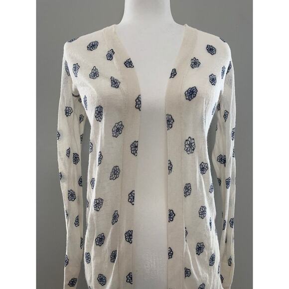 Ann Taylor LOFT White Blue Floral Lightweight Open Cardigan Sweater Size XS - Picture 2 of 6